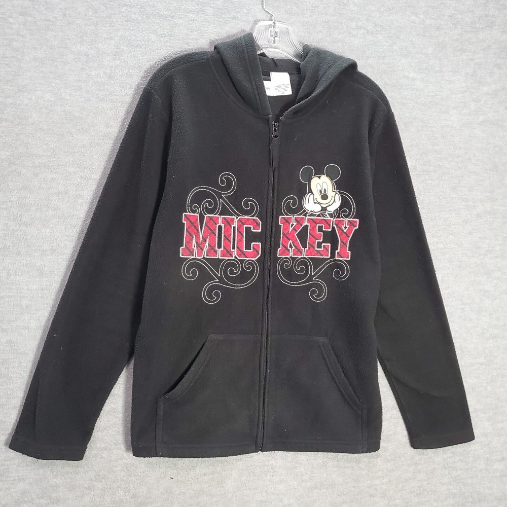 Disney Women Sweatshirt Large Black Hoodie Mickey Mouse Graphic Full Zip Pockets